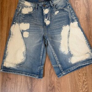 Distressed Two-Tone Denim Shorts - Blue & Cream